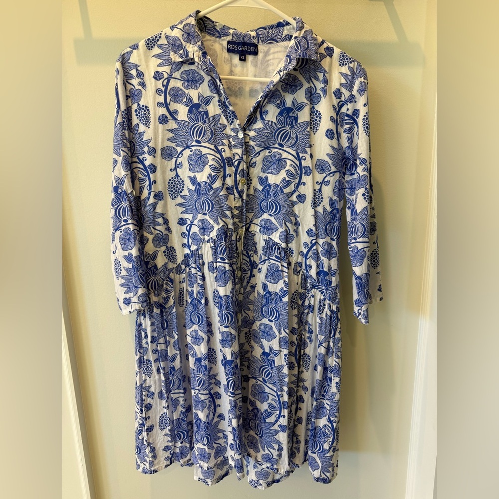 Ro’s Garden Blue and White Button Up Dress, Swim Coverup